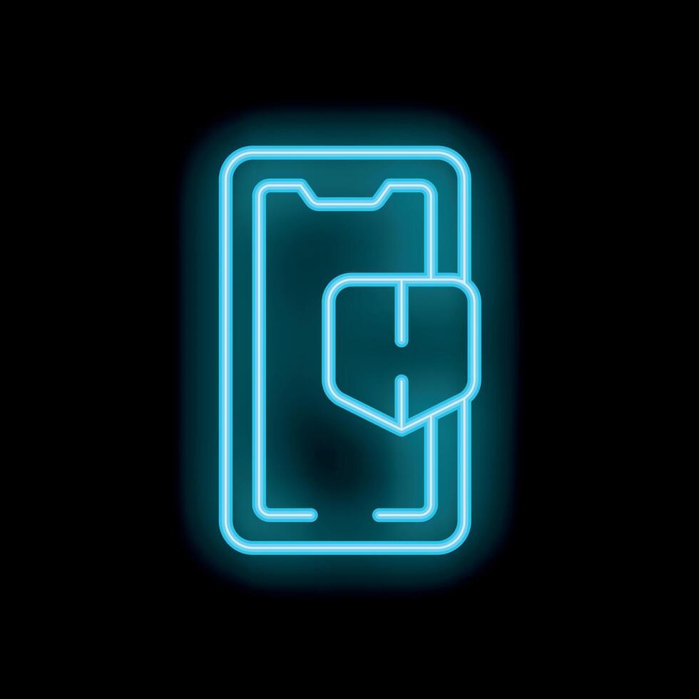Neon blue smartphone showing security shield icon on black background vector