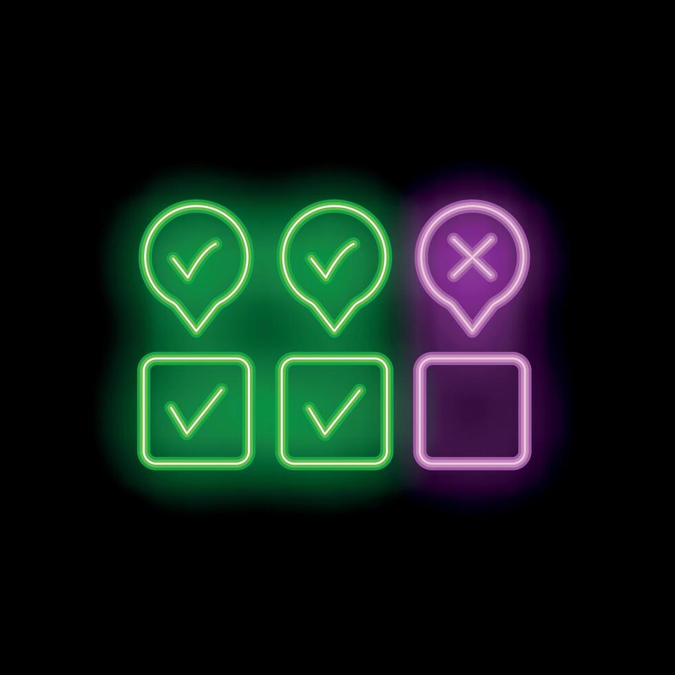 Neon checkmark cross sign showing choice decision making process vector