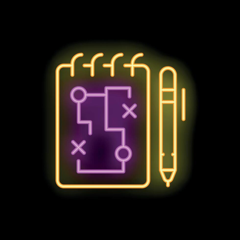 Neon sign of strategy planning with notebook and pen vector