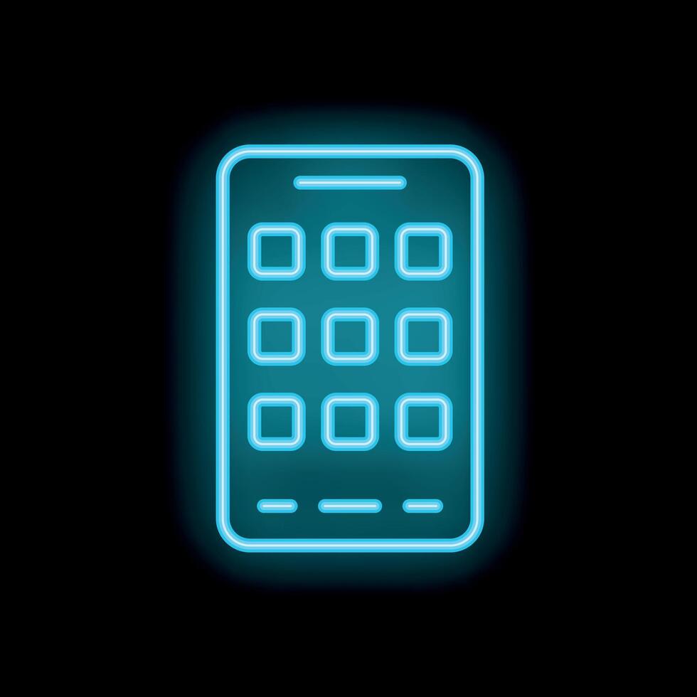 Neon blue smartphone glowing on black background vector
