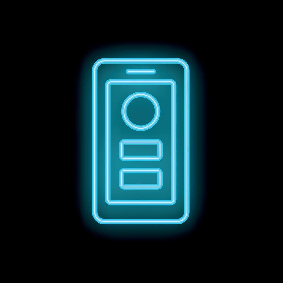 Blue neon smartphone showing mobile app interface on black background vector