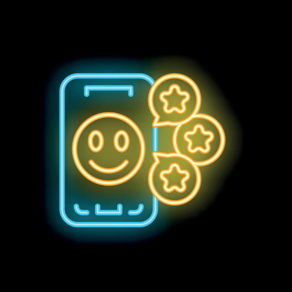 Neon icon of smartphone displaying feedback with stars and emoji vector