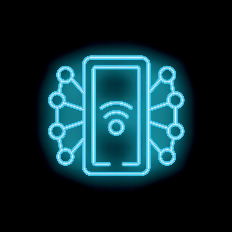 Neon icon of smartphone connecting to network hub with wifi signal vector
