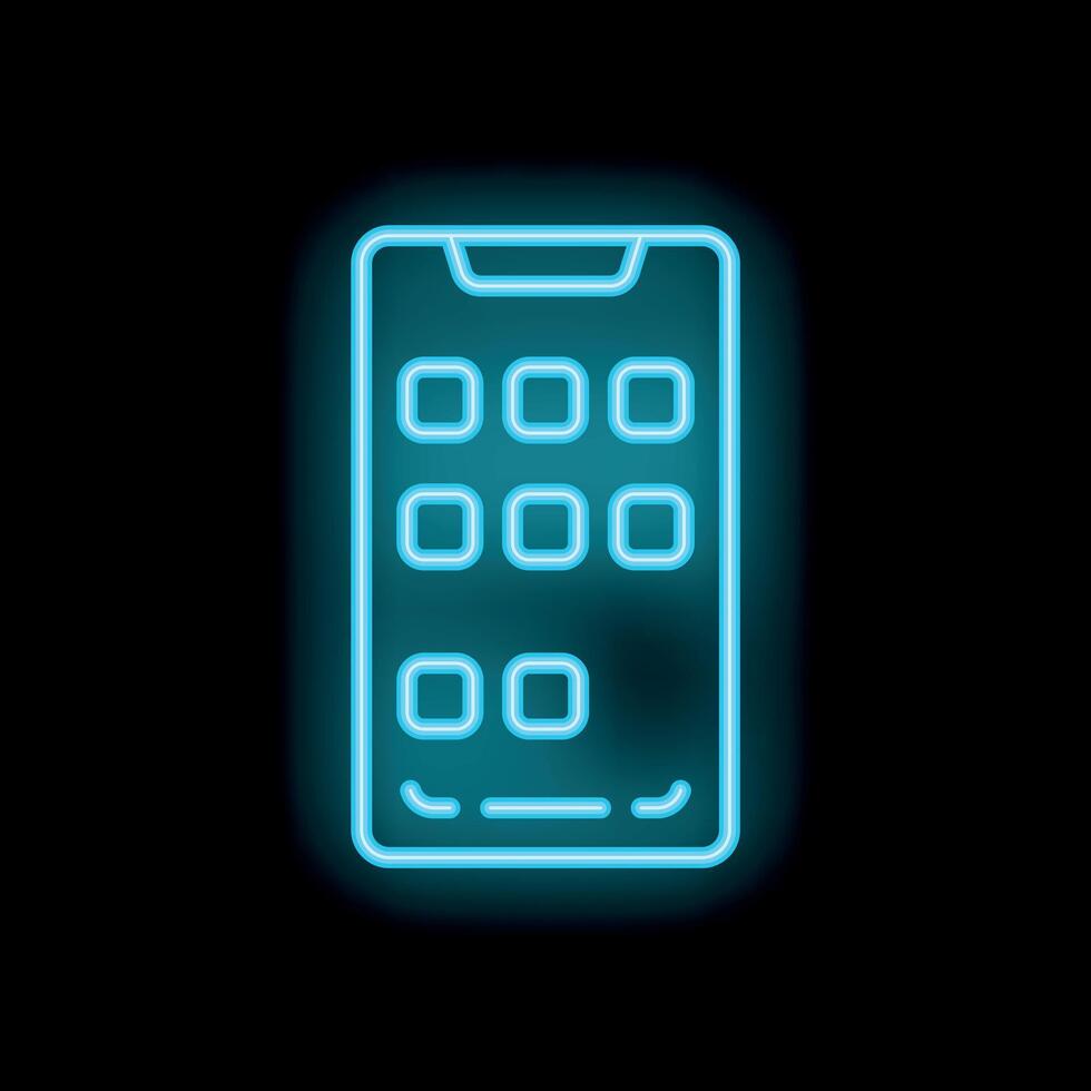 Neon blue smartphone showing apps on screen icon vector