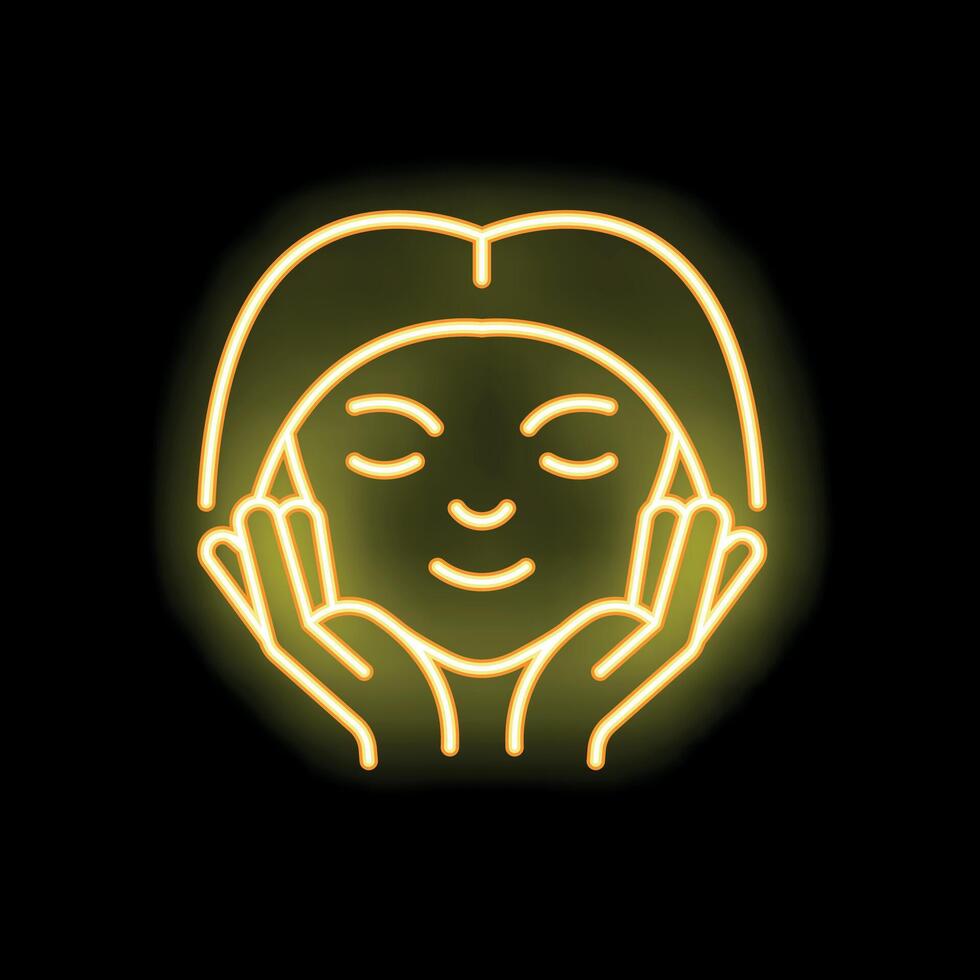 Woman touching face with closed eyes neon signboard vector