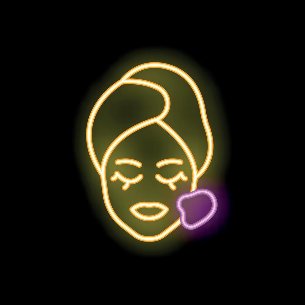 Woman wearing cosmetic face mask applying cream neon signboard vector