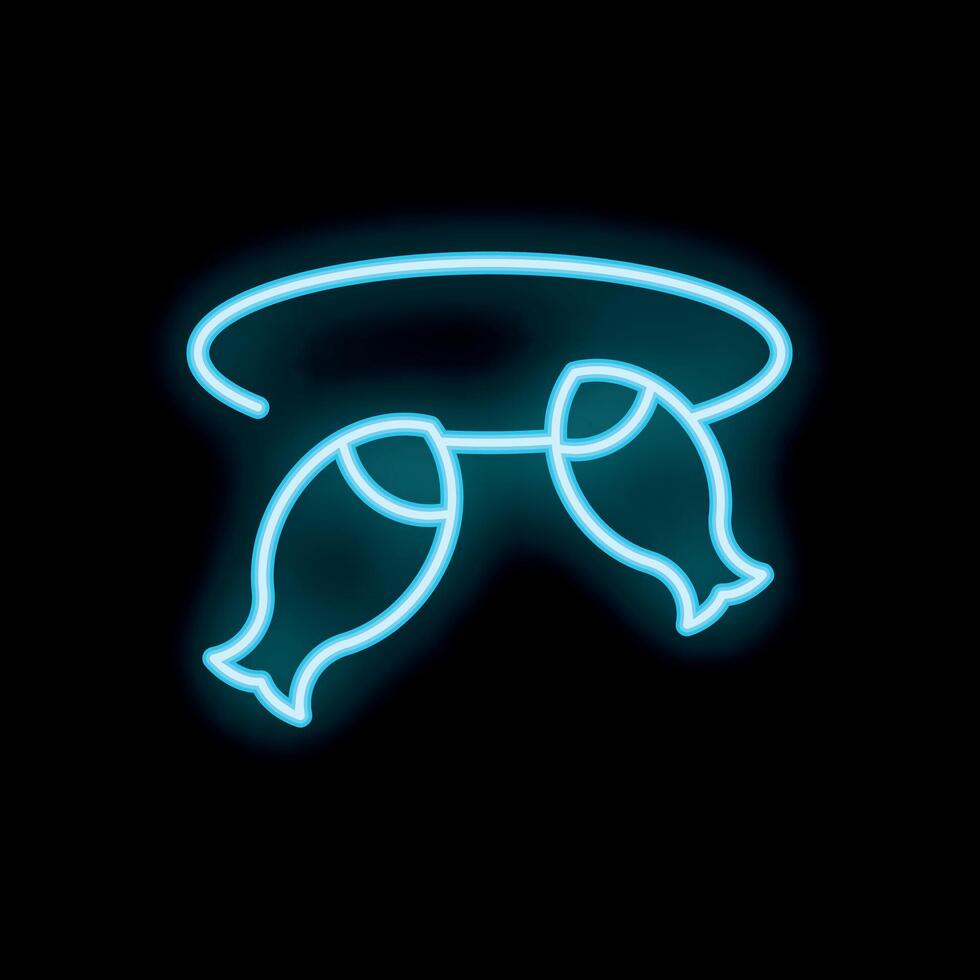 Bright turquoise neon sign showing two fish hanging from a fishing line on black background vector