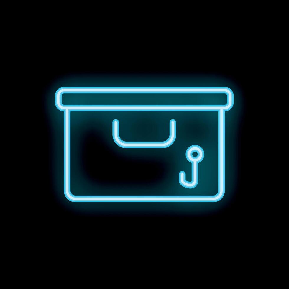 Blue neon sign of a fishing tackle box glowing on black background vector