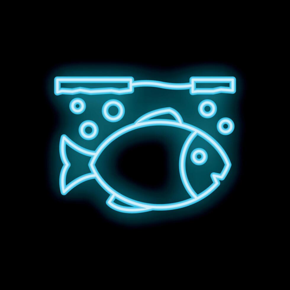 Neon icon of fish swimming under fishing rod with float and hook in water vector