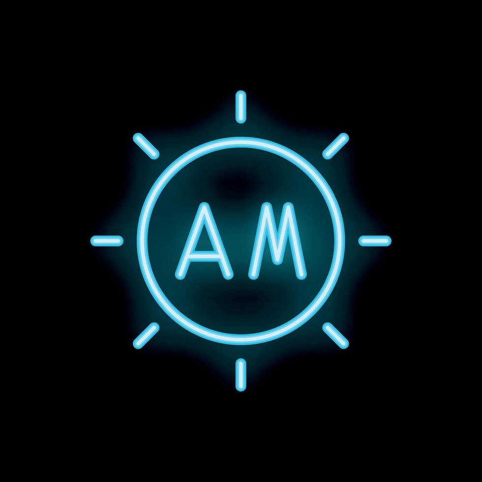 Neon icon of sunrise with am letters inside glowing on black background vector