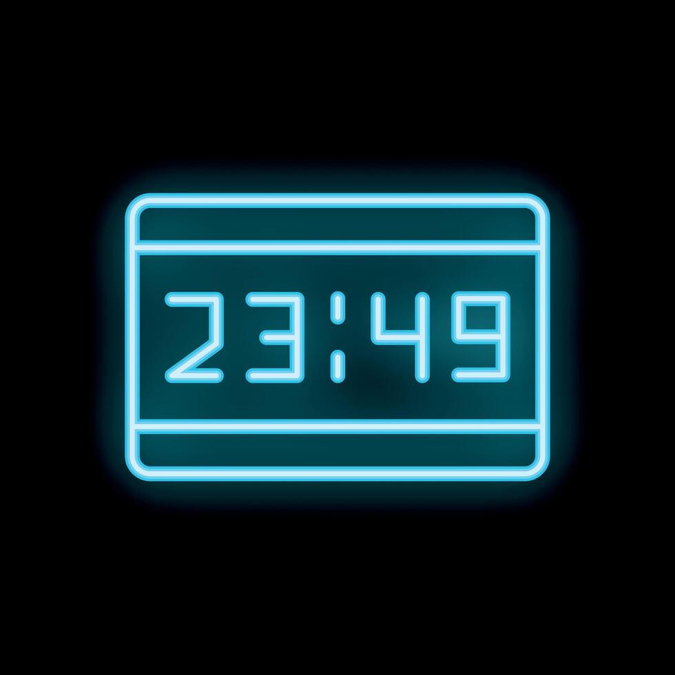 Blue neon clock showing 23,49 on black brick wall background vector