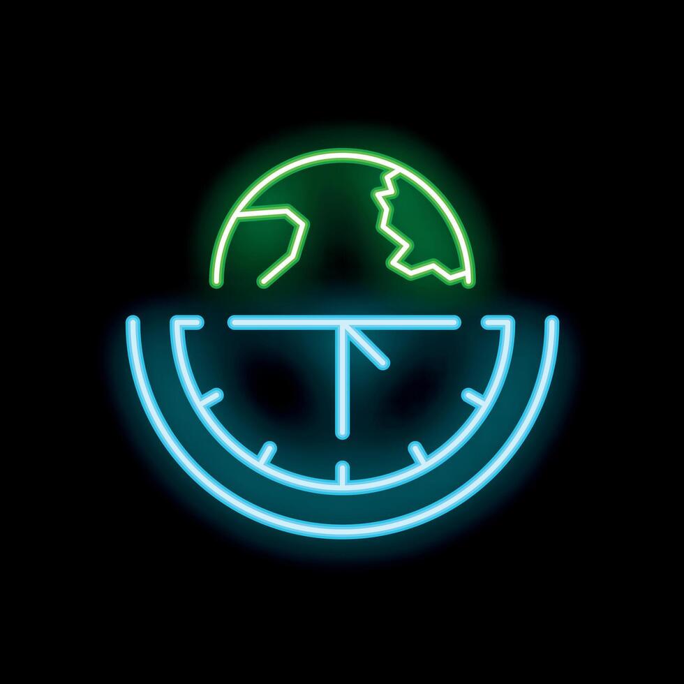 Neon sign representing global time zones with earth and clock vector