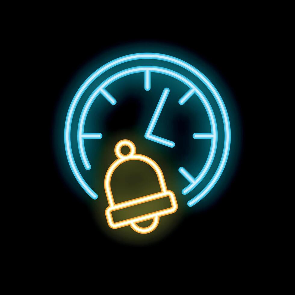 Neon clock showing deadline with ringing bell icon on black background vector