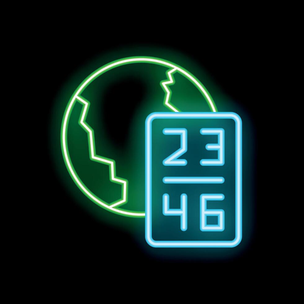 Neon icon of a cracked earth globe and scoreboard showing looming deadline vector