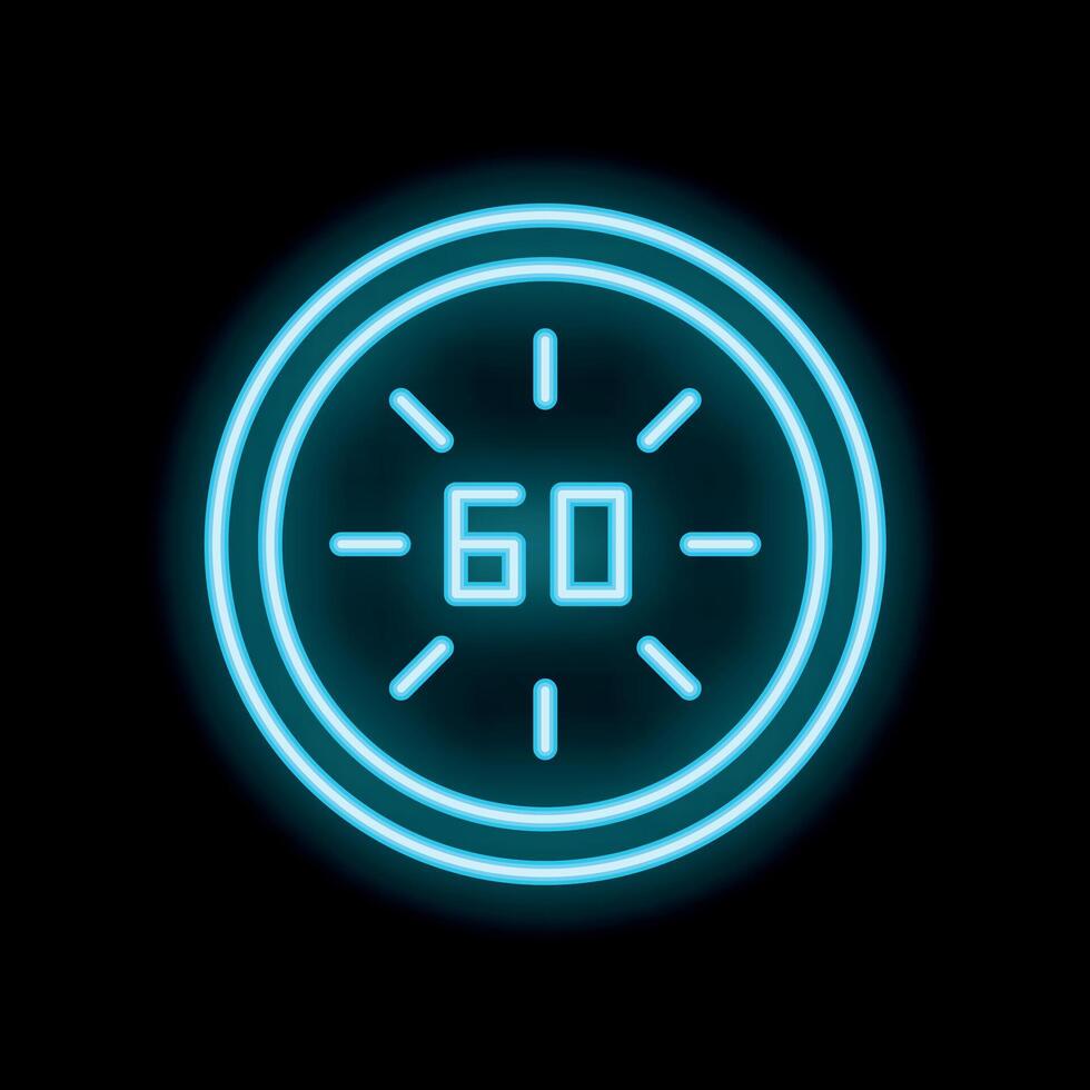 Neon blue clock showing sixty seconds on black background vector
