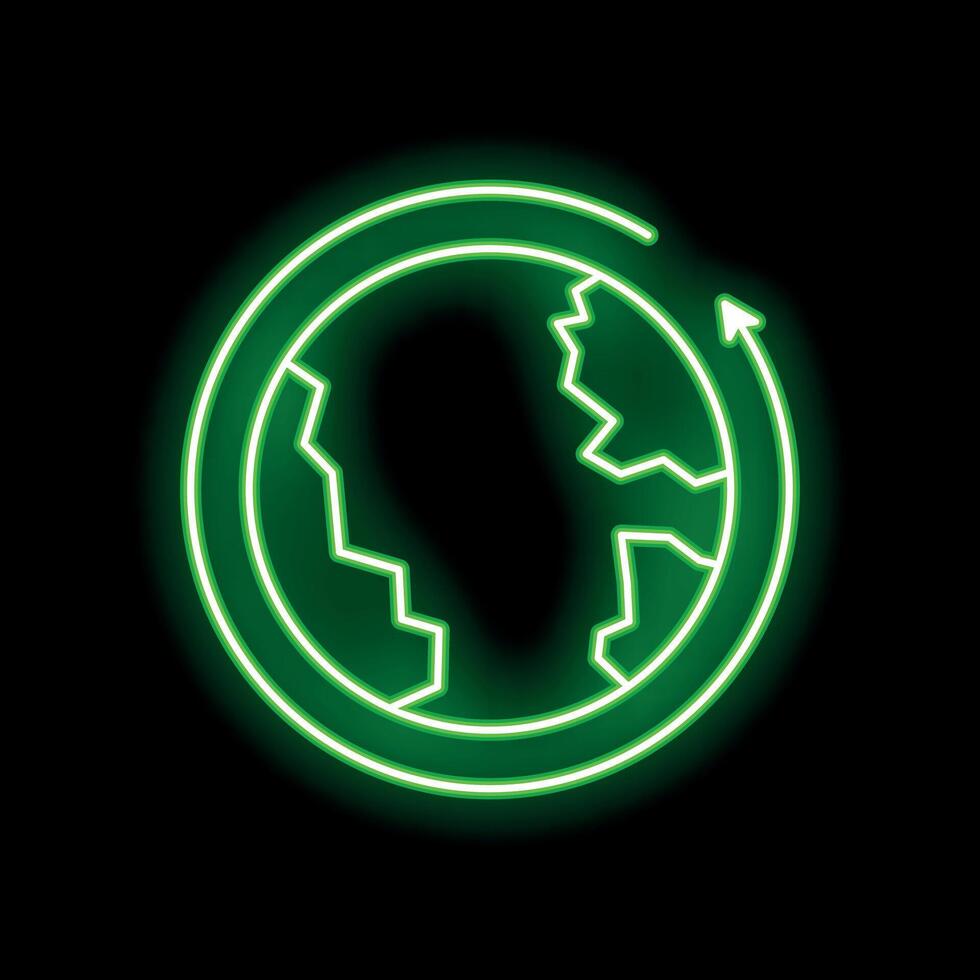 Green neon sign depicting globalization with an arrow circling around the earth vector