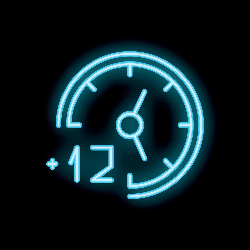 Neon clock showing plus twelve hours time management concept vector