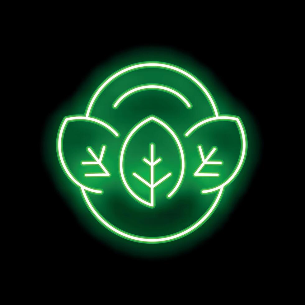 Green neon sign depicting three leaves for eco friendly business vector