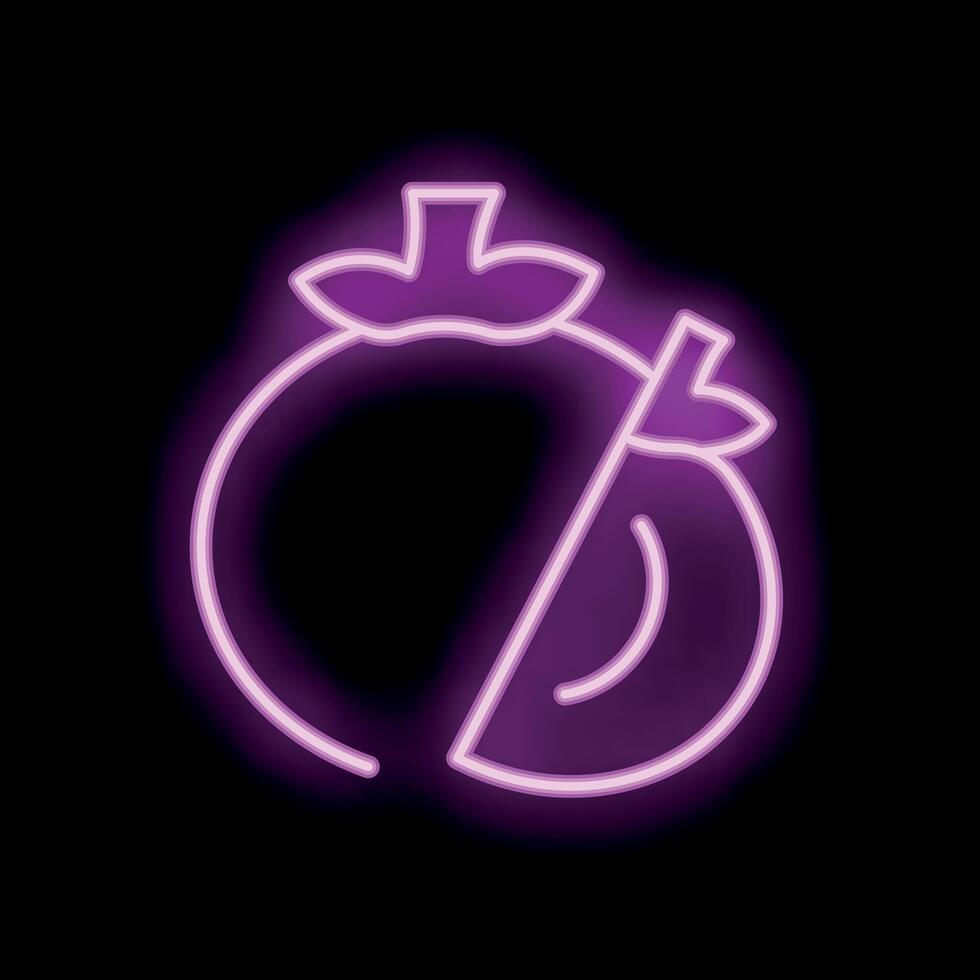 Neon sign of a tomato cut in half glowing on a black background vector
