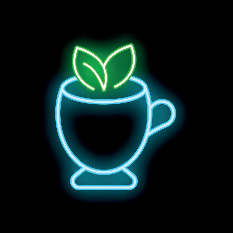 Neon sign of tea cup with steam forming two leaves vector