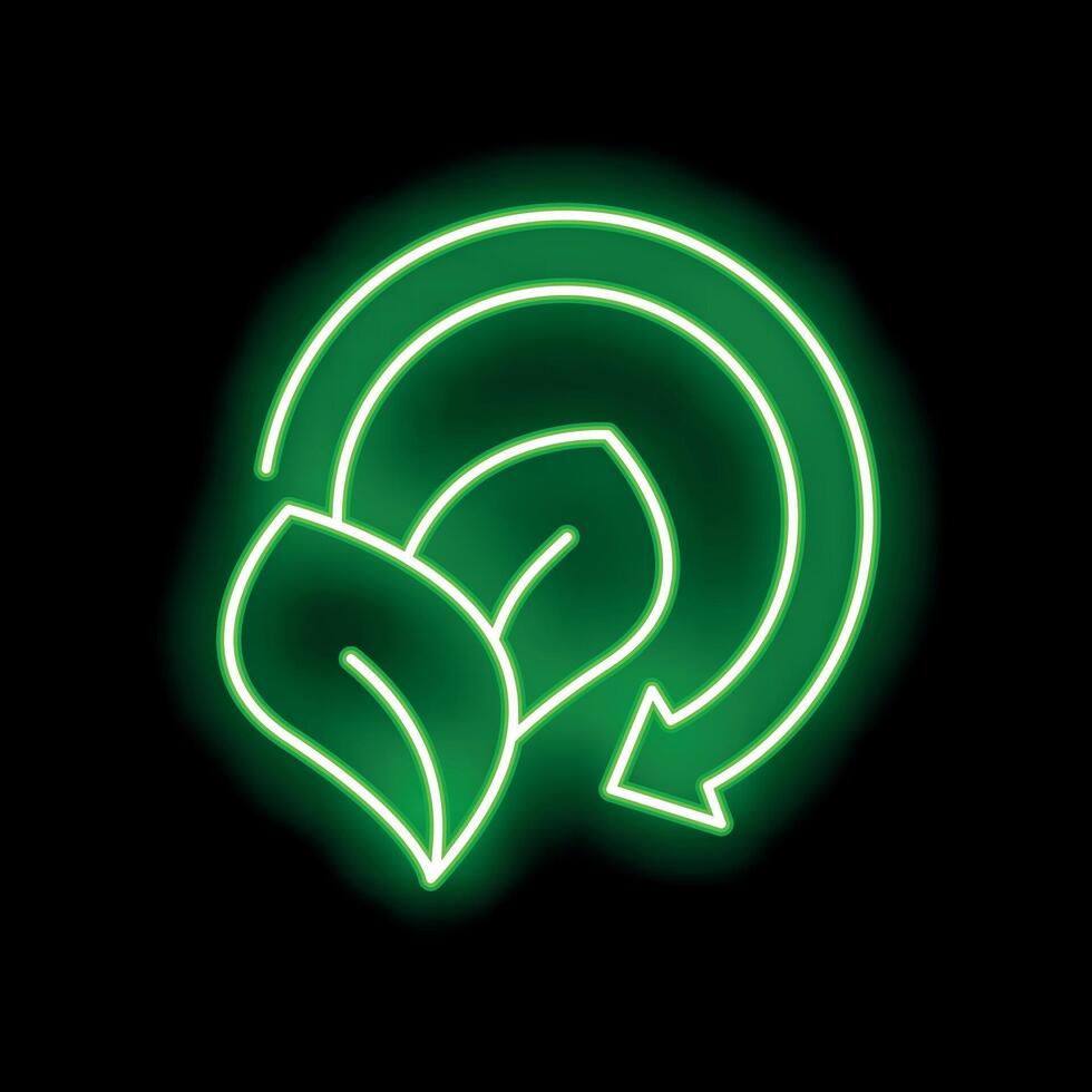 Green neon sign of circular arrow surrounding leaves symbolizing sustainability vector