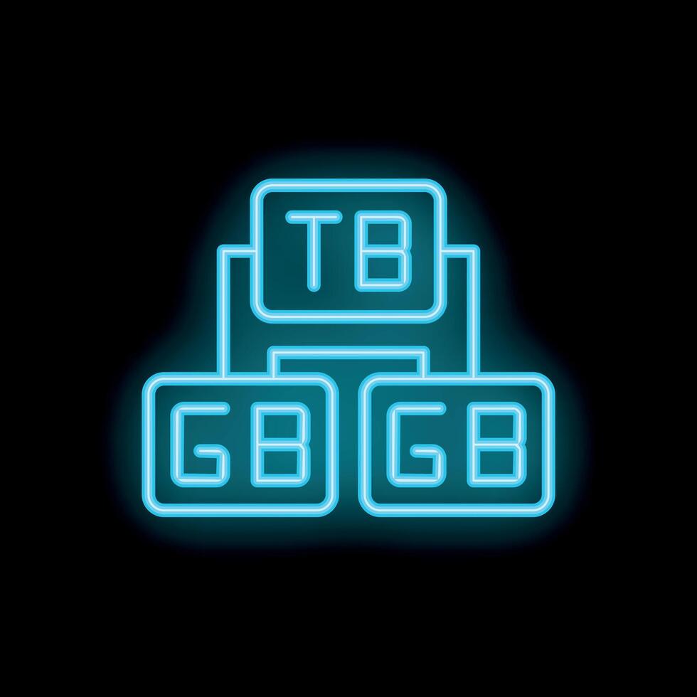 Neon icon of storage size comparison showing terabytes gigabytes and megabytes vector