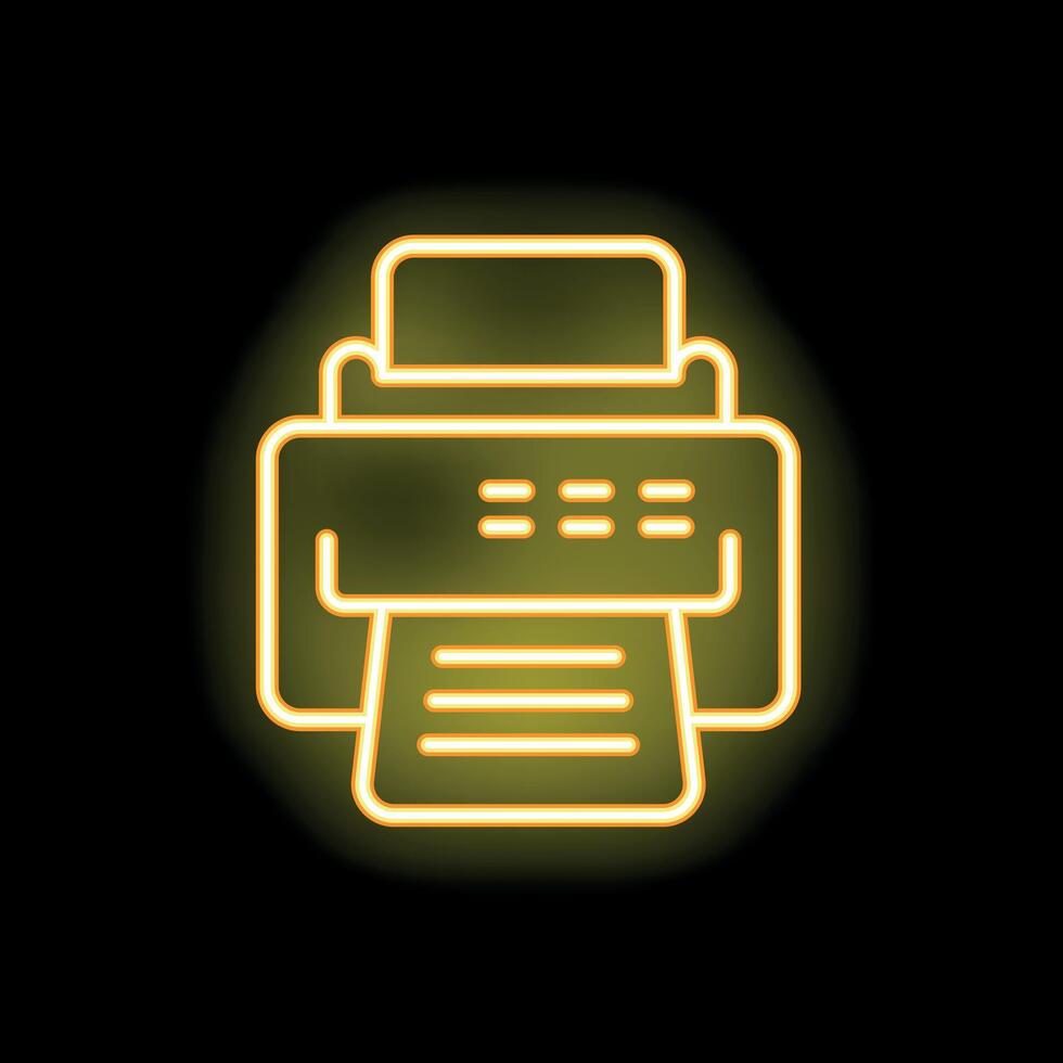 Neon office printer printing documents icon on black background vector