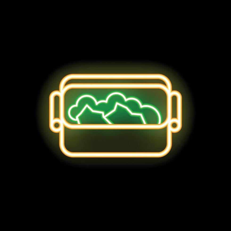 Green neon sign of a lunch box full of food on a black background vector