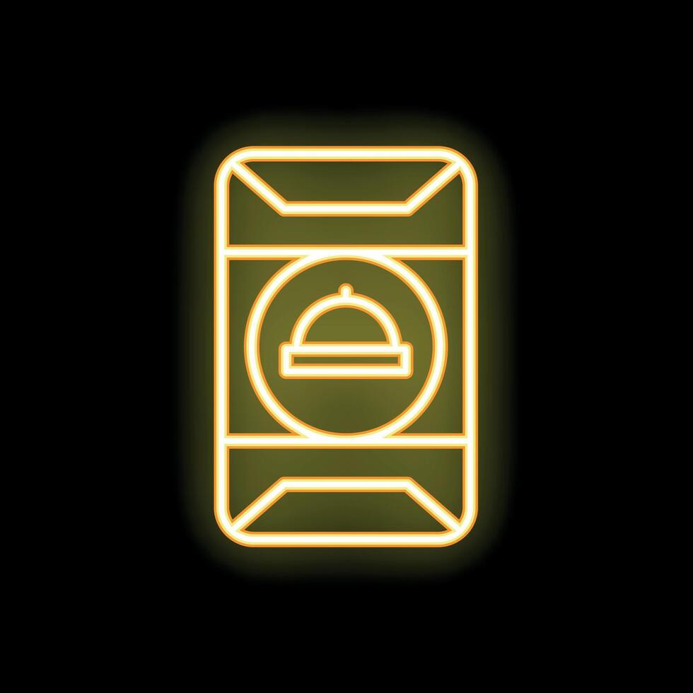 Neon icon of smartphone app for food delivery service on black brick wall background vector