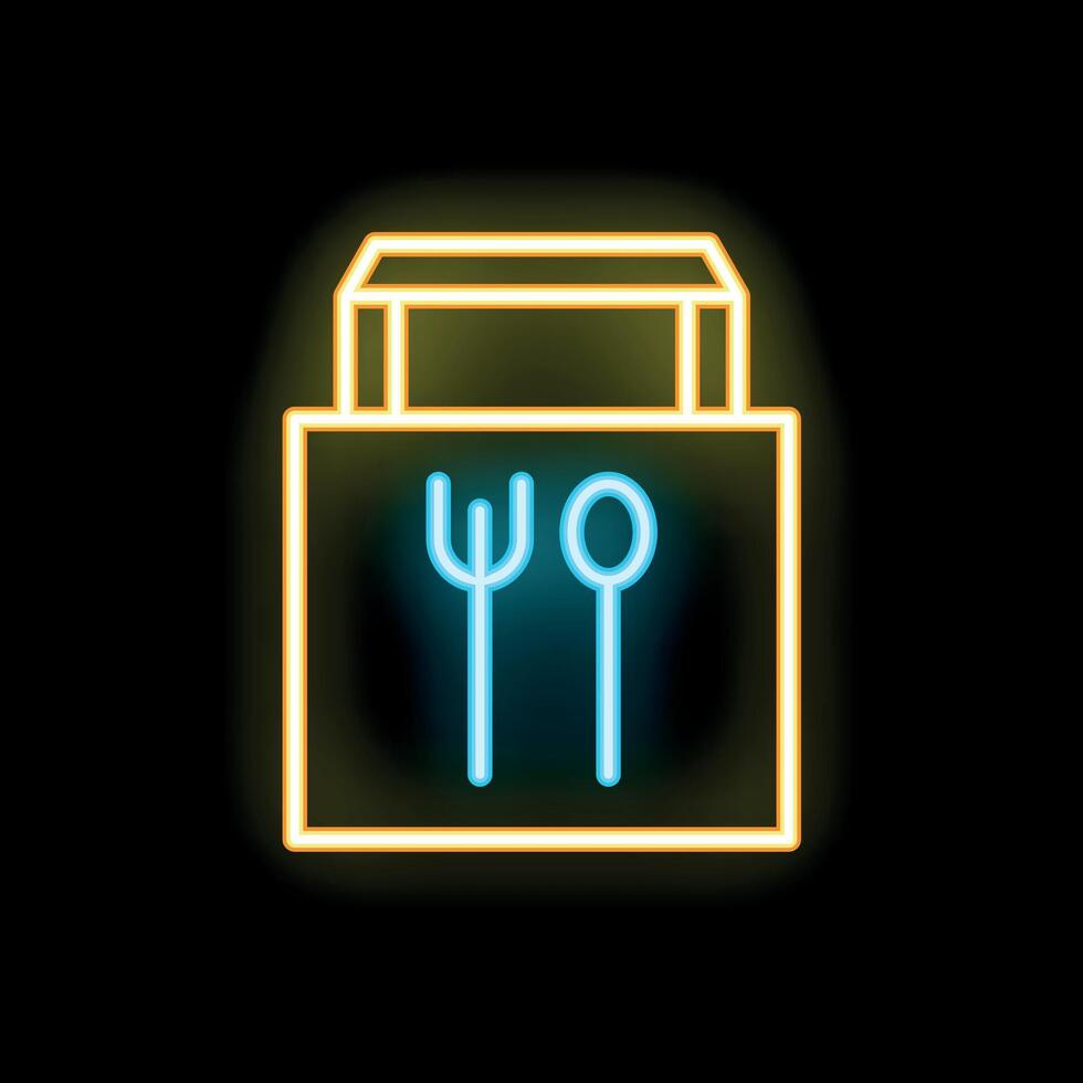 Neon sign of food delivery bag with fork and spoon on black background vector