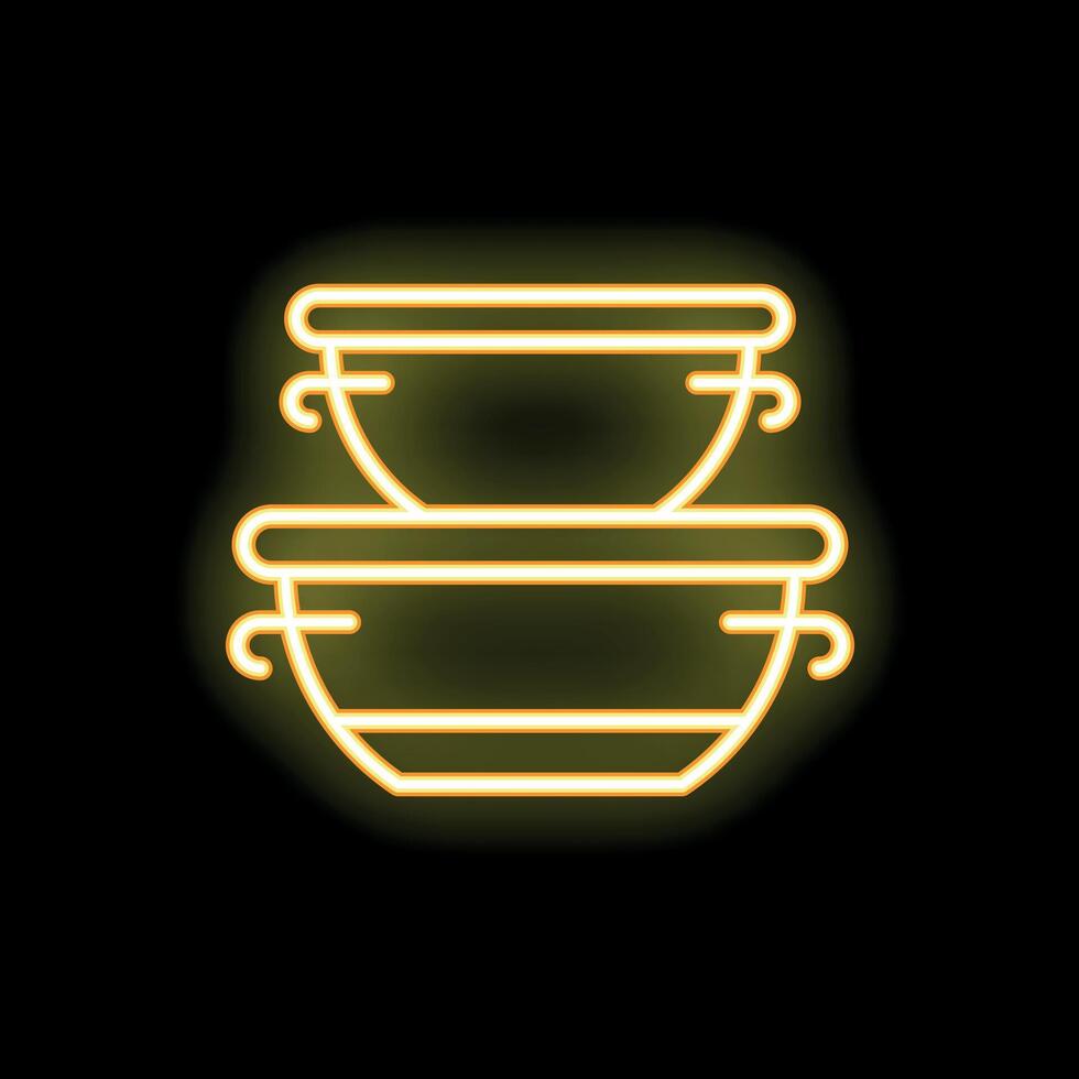 Neon sign of stacked soup bowls glowing yellow vector