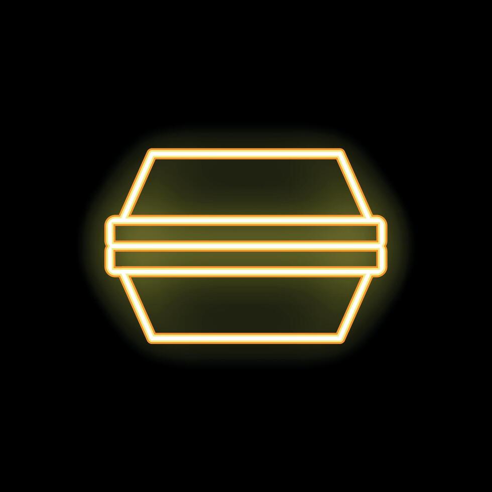 Yellow neon sign of a clamshell take away food container on a black background vector