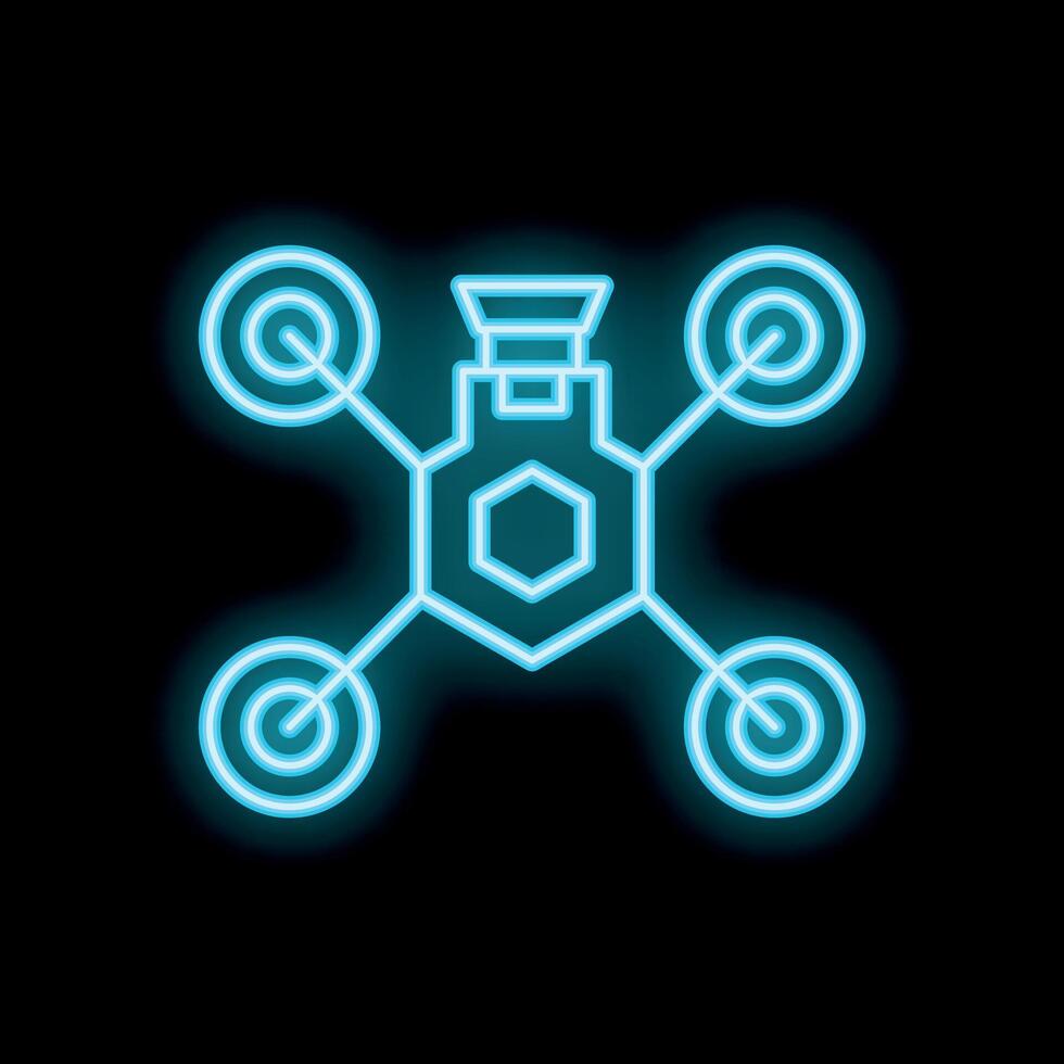 Neon blue drone icon on black background representing modern technology and innovation vector