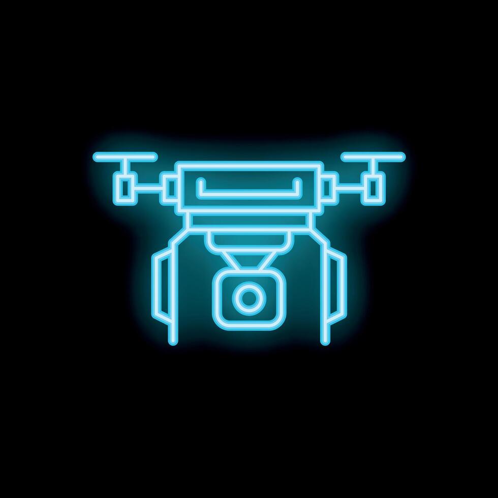Blue neon icon of a drone recording with camera on black background vector