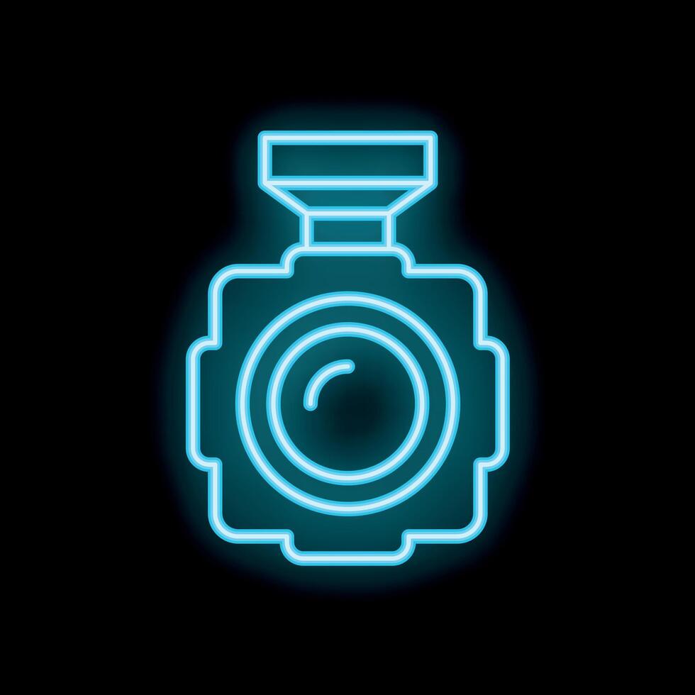 Neon icon of action camera with external flash light vector