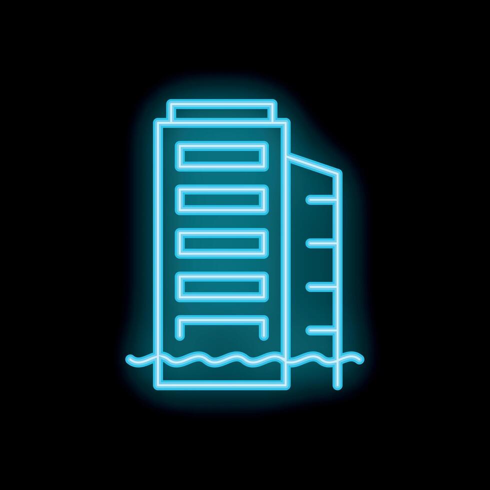 Neon blue building flooded with water climate change icon vector