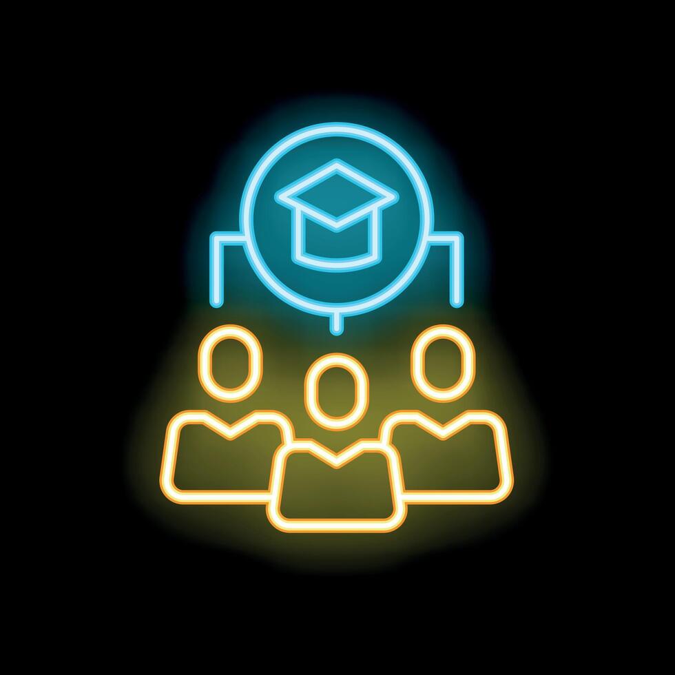 Neon icon of students studying for university degree with graduation cap vector