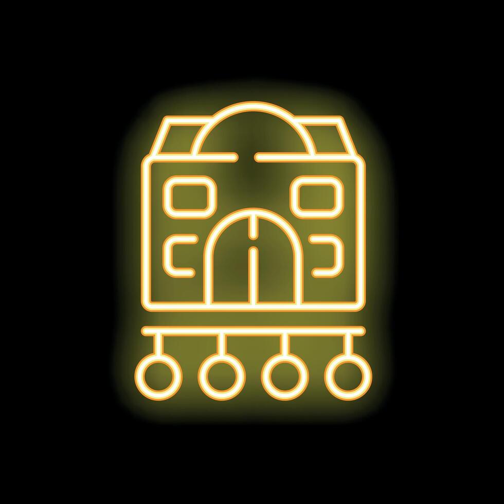 Yellow neon sign of a building with round windows and a round door on a black background vector
