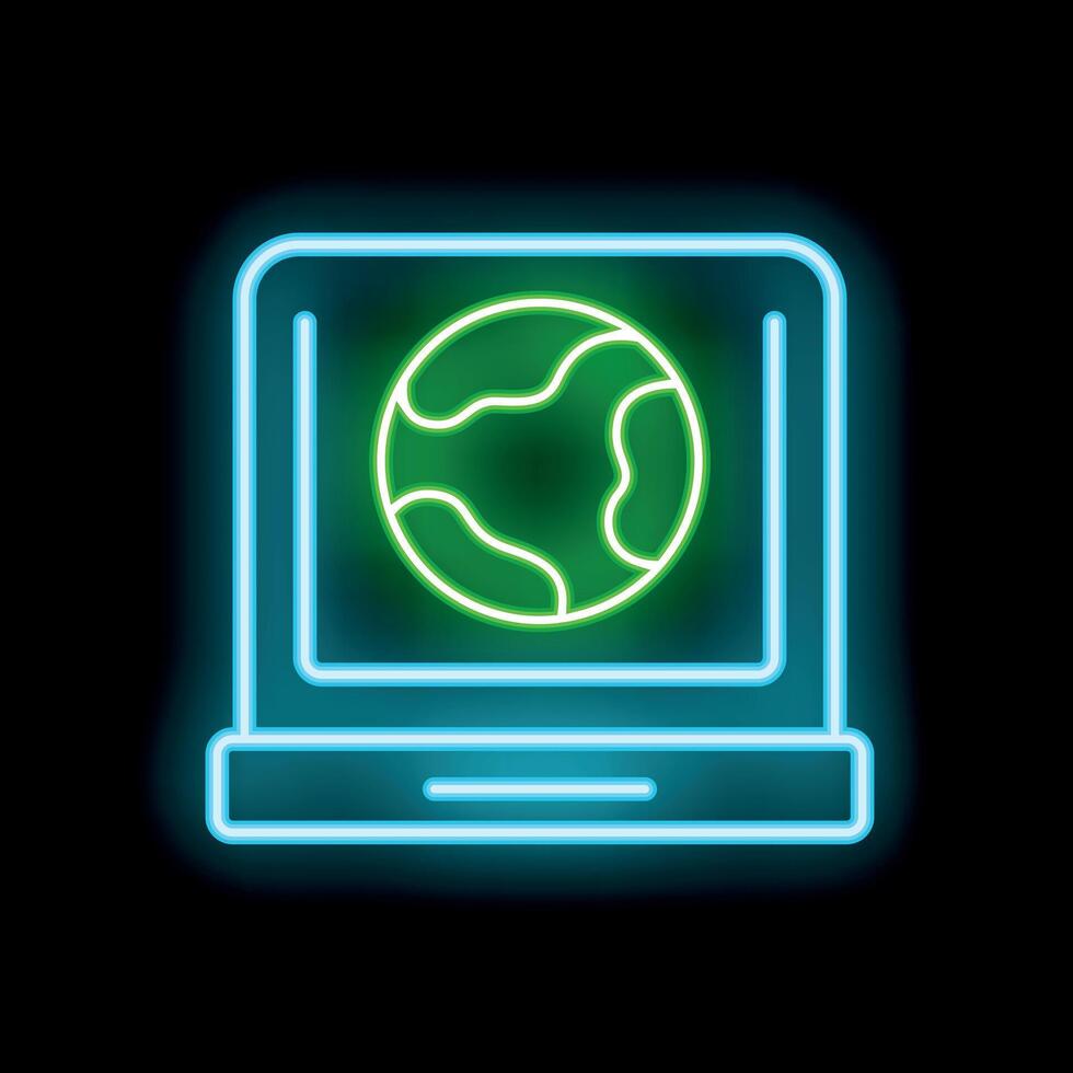 Neon green earth displaying on laptop screen on black background vector