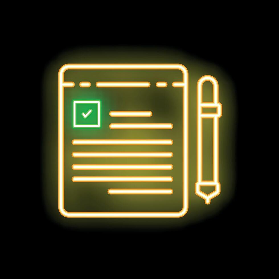 Neon icon of a document being edited and a stylus pen vector