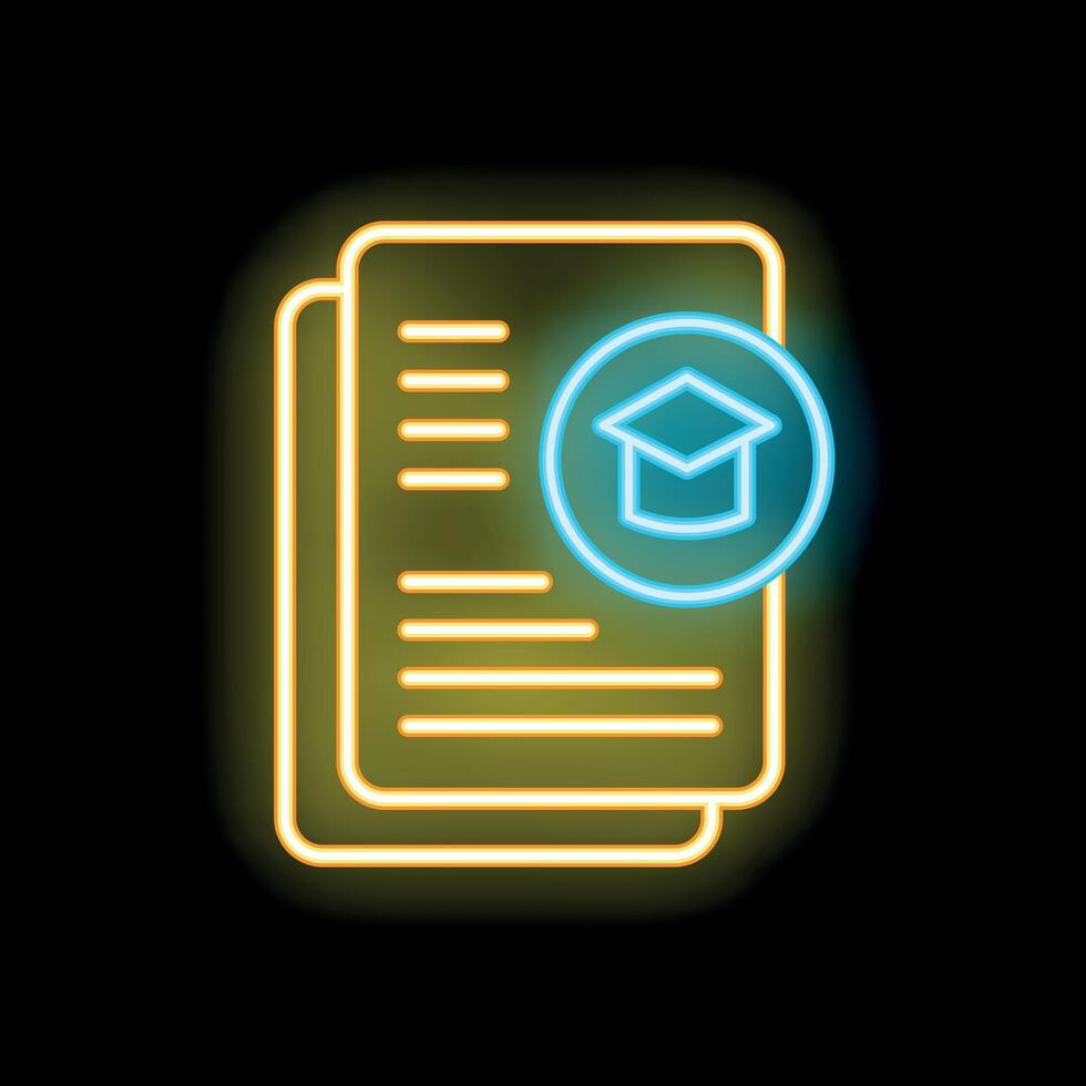 Neon icon of documents with graduation hat representing online education vector
