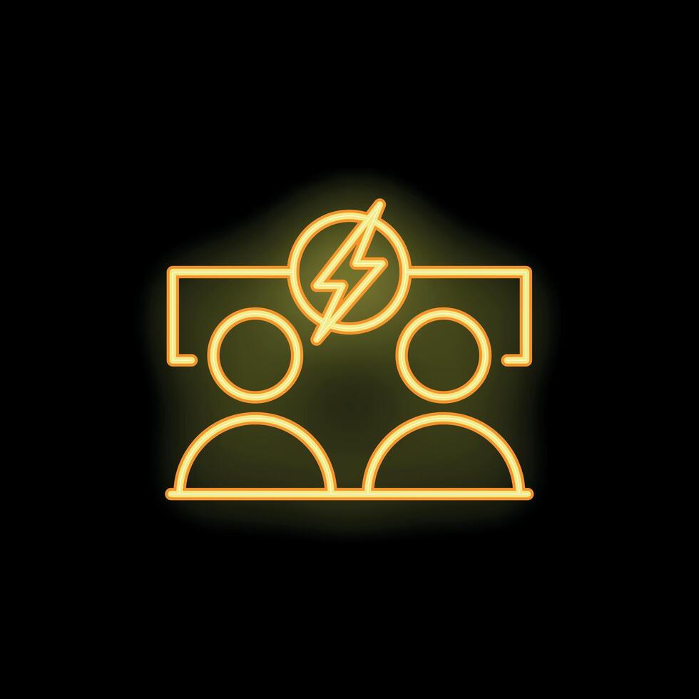 Neon icon of two people sharing an idea represented by a lightning bolt vector