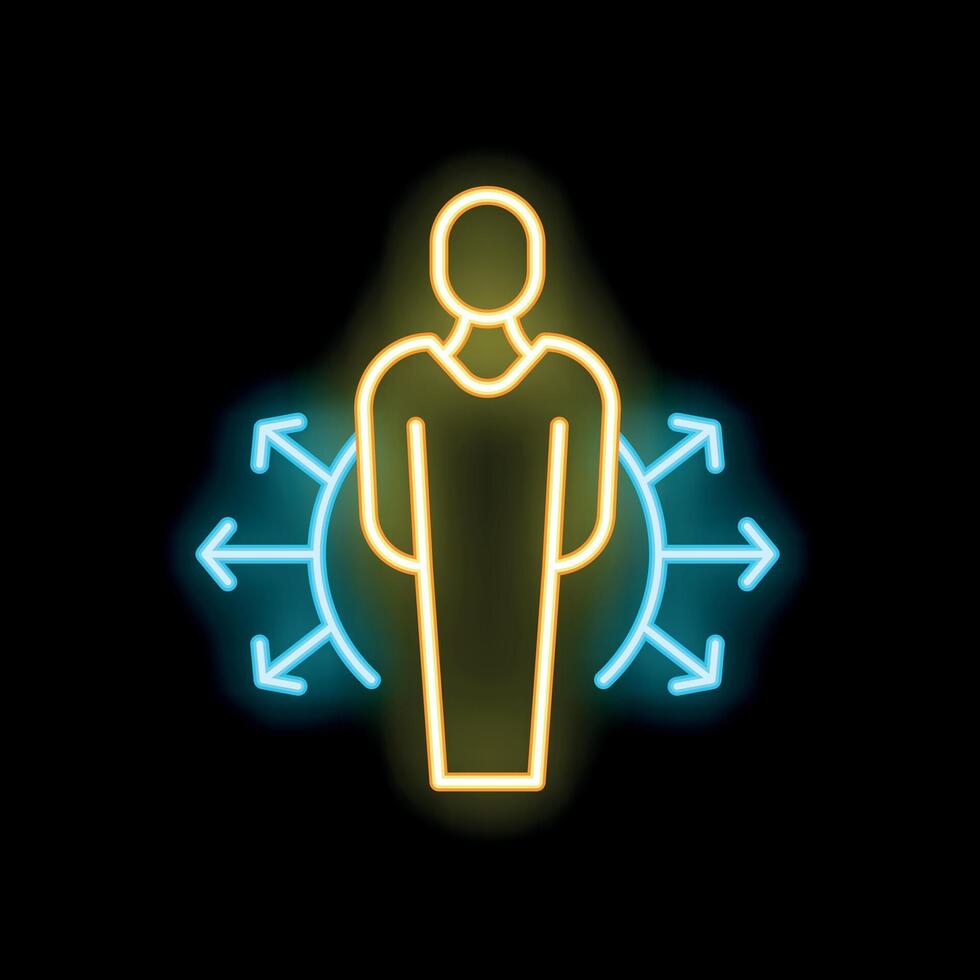Neon icon of a person managing multitasking processes with arrows symbolizing workflow vector