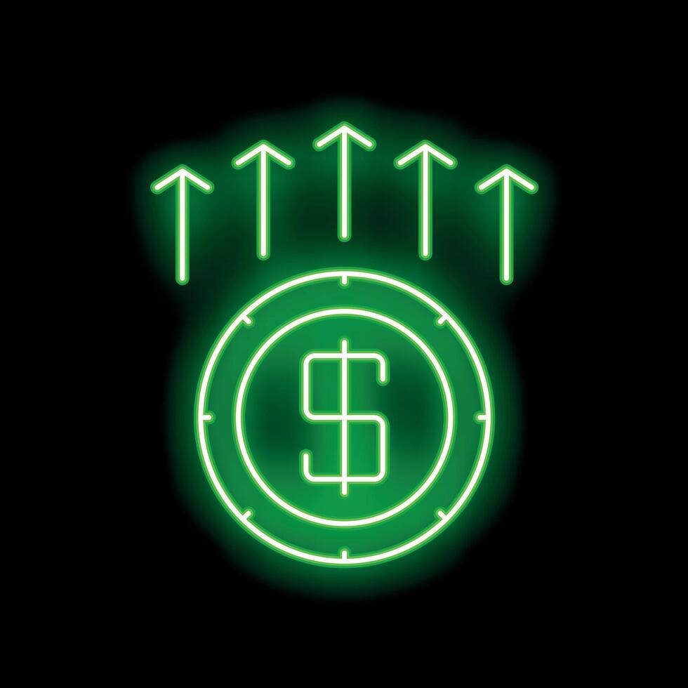 Neon green dollar coin increasing value with up arrows vector