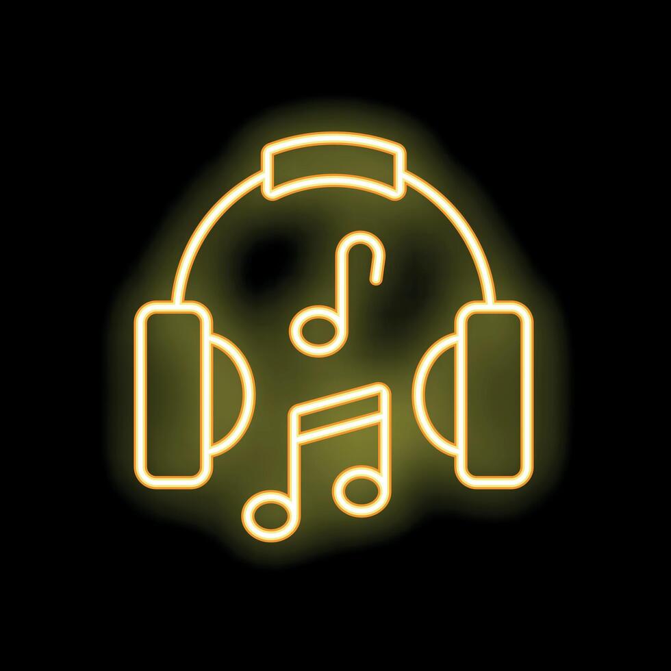 Neon sign of headphones playing music notes on black background vector