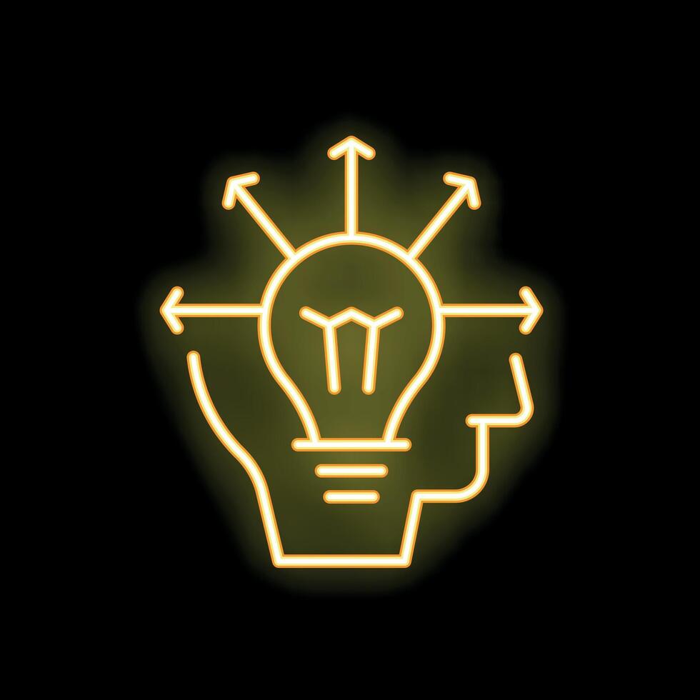 Neon icon of human head with light bulb and arrows symbolizing idea generation vector
