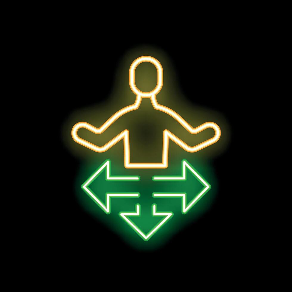 Neon sign of person choosing direction with four arrows vector