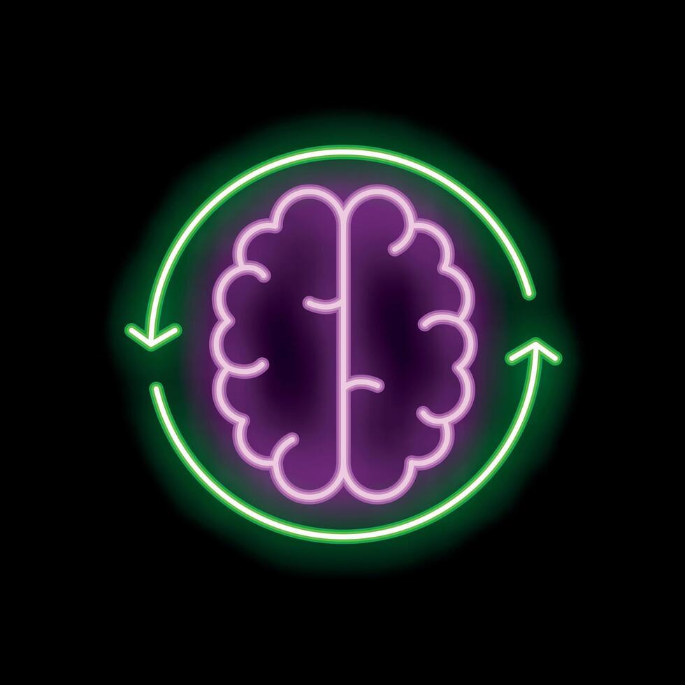 Neon brain surrounded by circular arrows representing brainstorming and idea generation vector