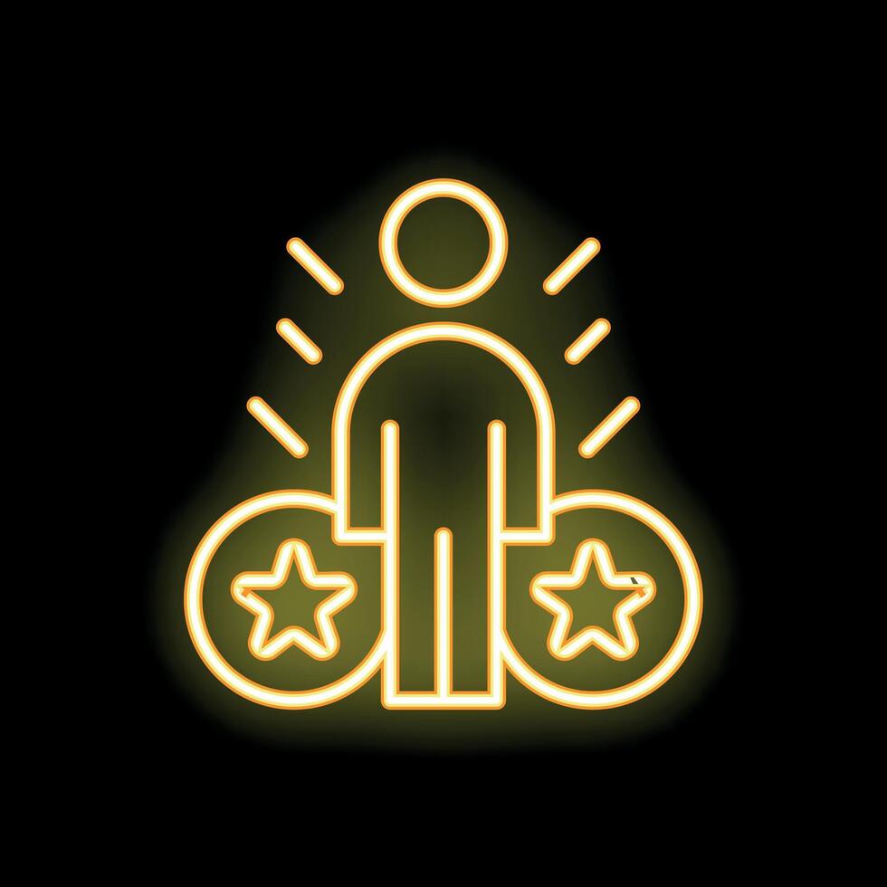 Neon icon of person standing with stars symbolizing reputation and success vector