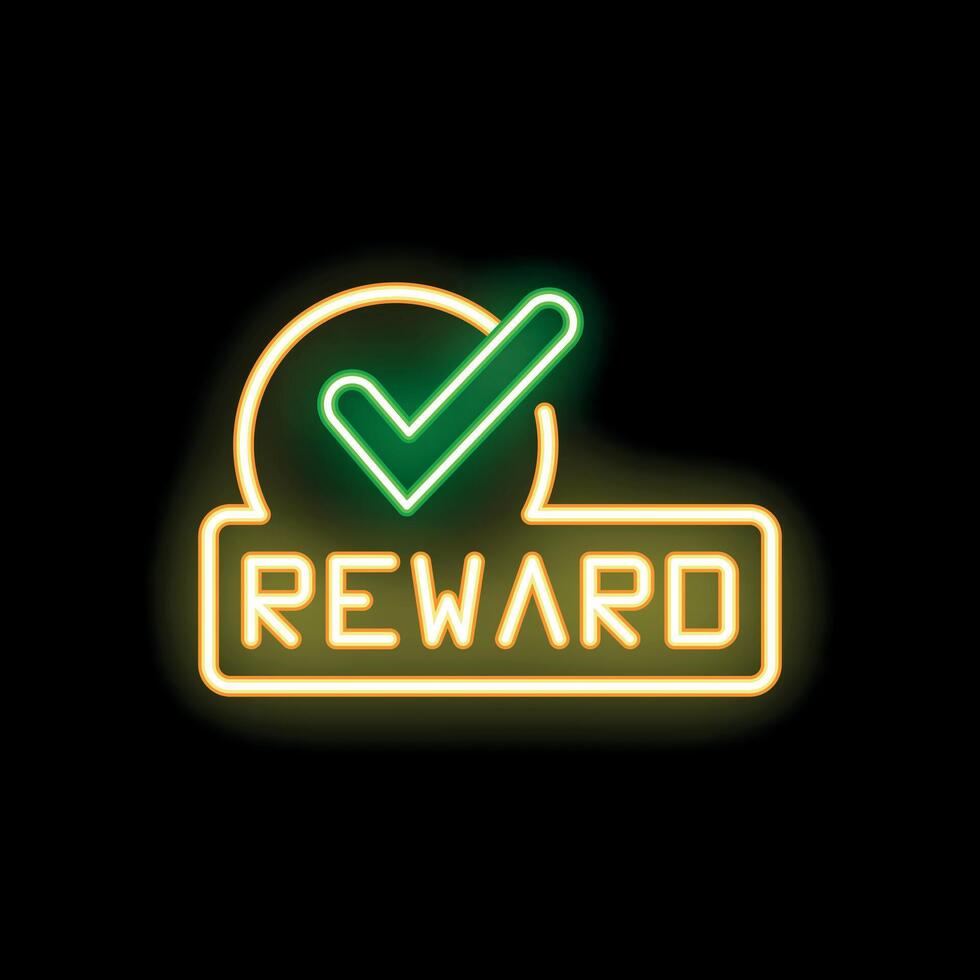 Neon sign showing reward with check mark on black background vector